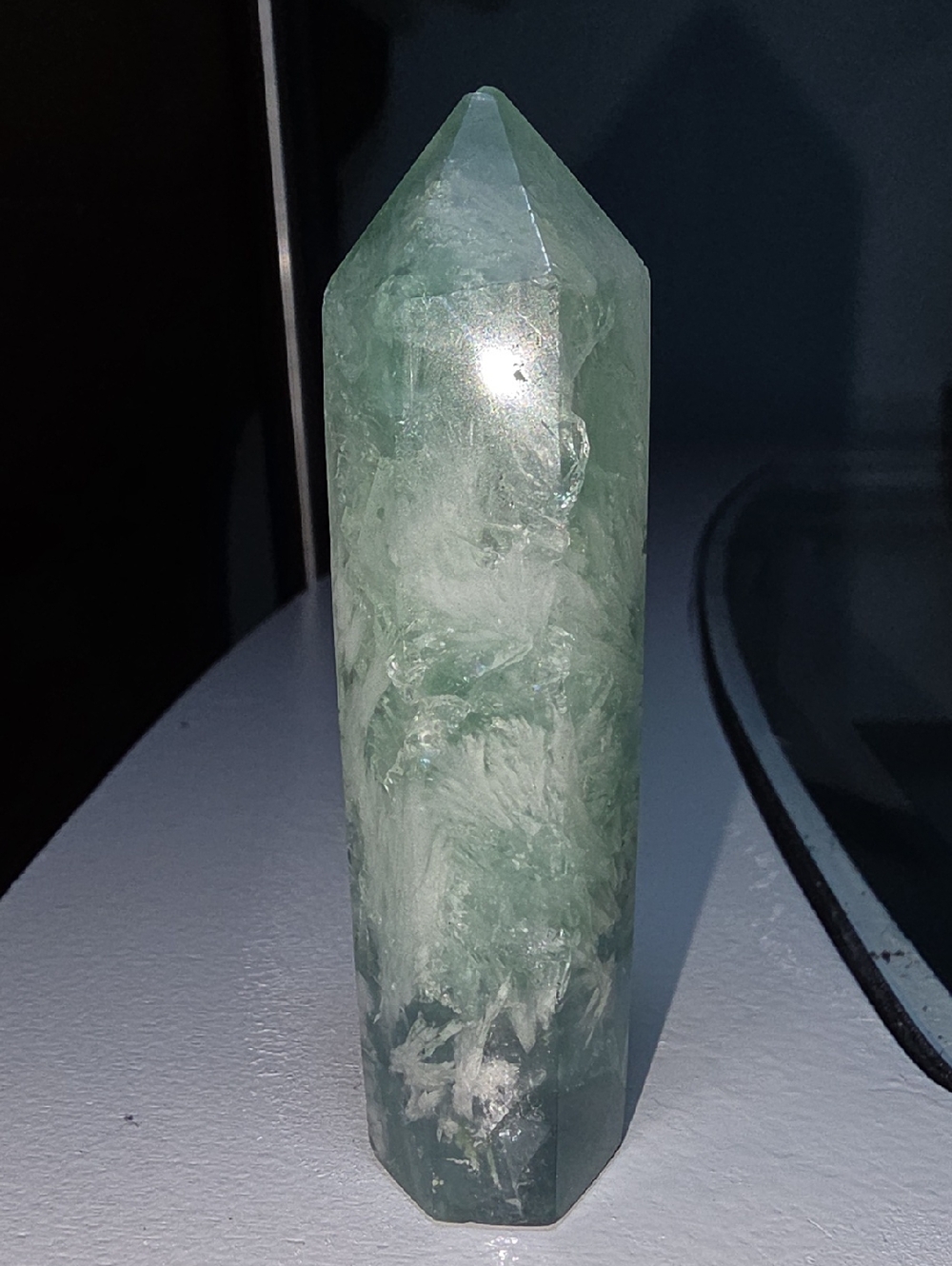 This is a green fluorite crystal tower